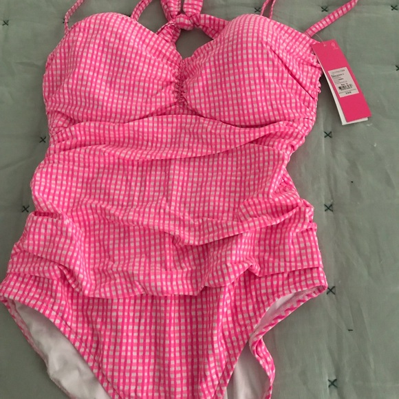NWT Lilly Pulitzer size 14 Layne Pink Isle one piece pink & white stripe gingham - Picture 4 of 12